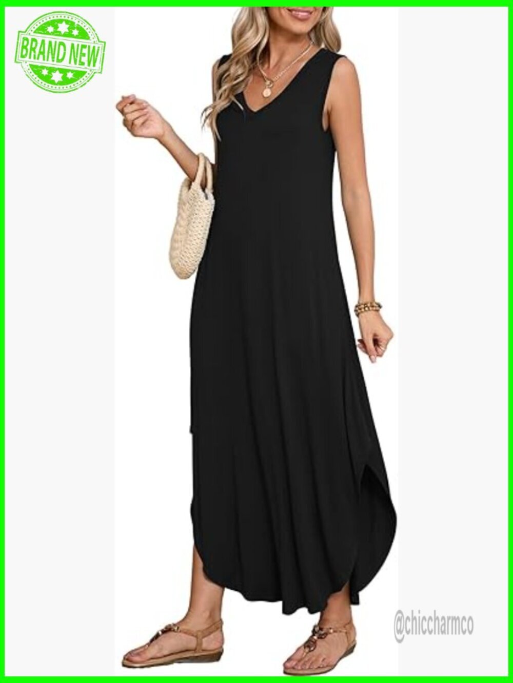 Plus Size Maxi Dress Sleeveless V Neck Side Slit Pockets Loose Summer Beach